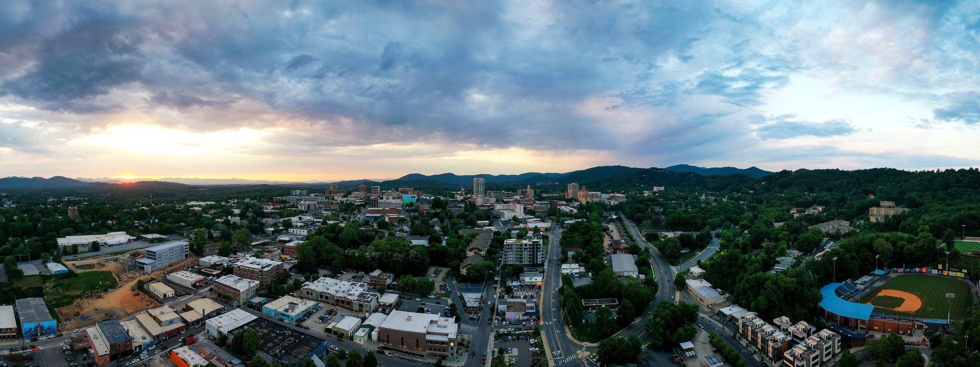 Aerial panorama of downtown Asheville at sunset