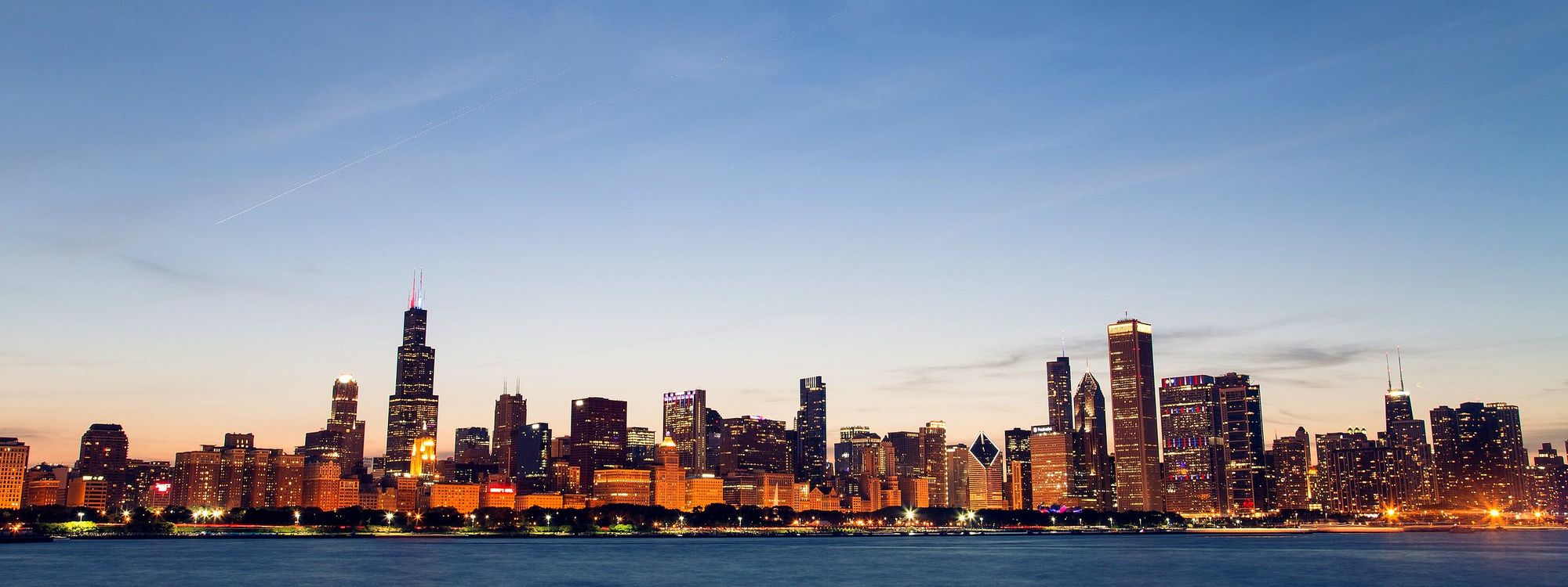 Chicago skyline from the lakefront just after sunset