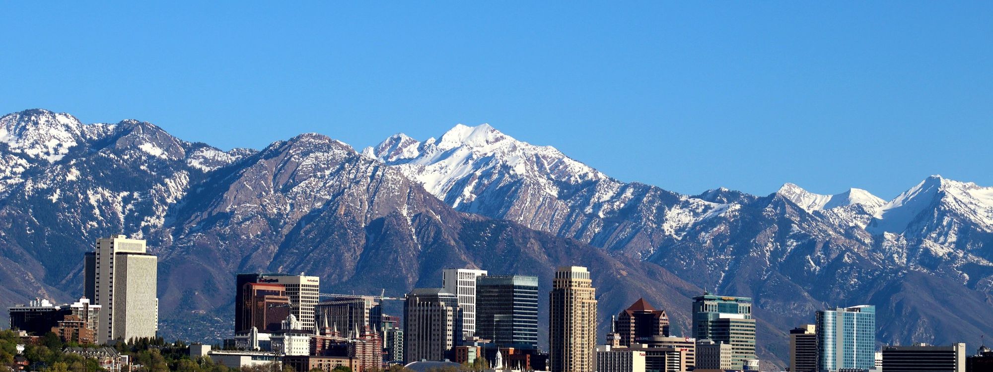 Salt Lake City skyline with snow-capped mountains